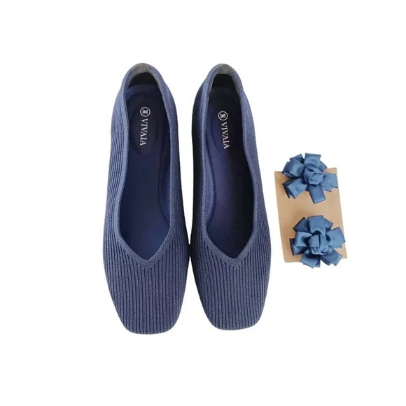 Vivaia Women's Square Toe V-Cut Sz 10 EUR 41. 5  Lole Navy Knit Margot 2.0 Flats - Picture 5 of 8